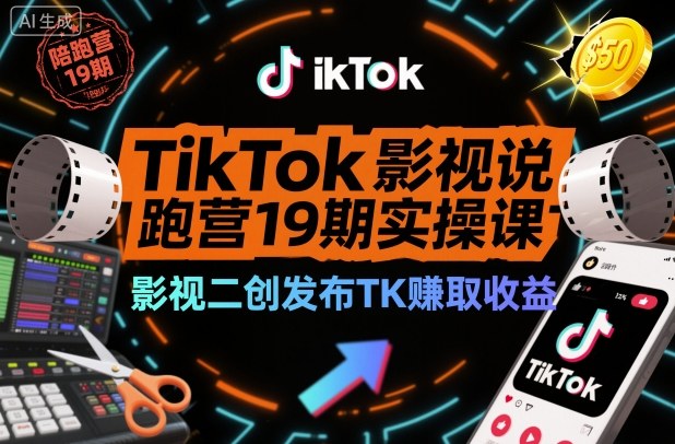TikTok影视解说陪跑营19期实操课，影视二创发布TK賺取收益，万播收益50美金(更新)-灵感工坊云网创