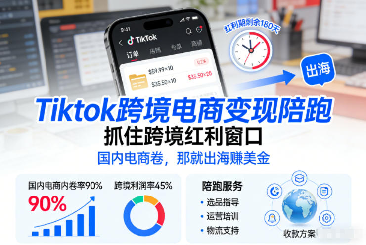 Tiktok跨境电商变现陪跑，抓住跨境红利窗口，国内电商卷，那就出海賺美金-灵感工坊云网创