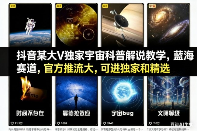 抖音某大V独家宇宙科普解说教学，蓝海赛道，官方推流大，可进独家和精选-灵感工坊云网创