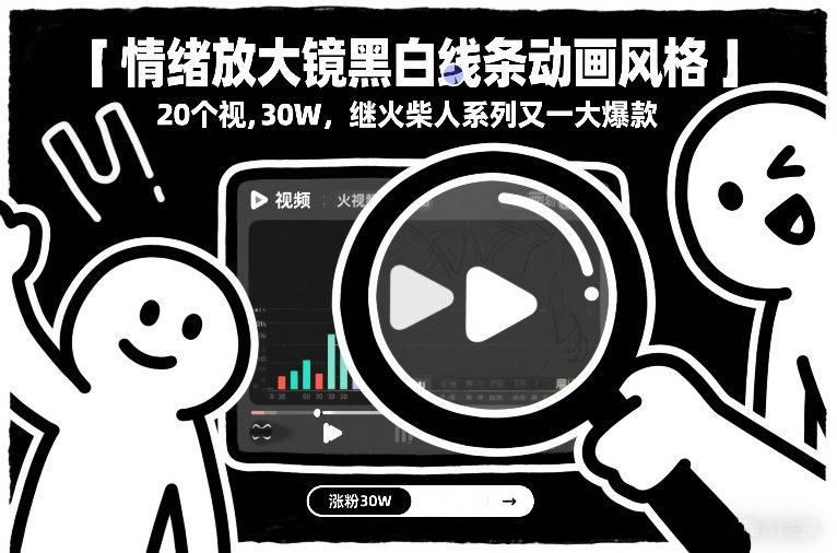 情绪放大镜黑白线条动画风格，20个视频，涨粉30W，继火柴人系列又一大爆款-灵感工坊云网创