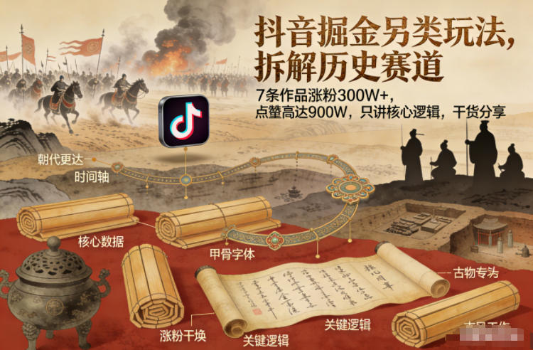 抖音掘金另类玩法，拆解历史赛道，7条作品涨粉300W+，点赞量高达900W，只讲核心逻辑，干货分享-灵感工坊云网创