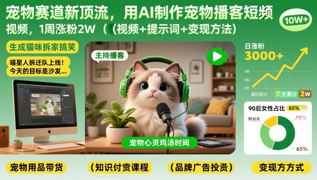 宠物赛道新顶流，用AI制作宠物播客短视频，1周涨粉2W(视频+提示词+变现方法)-灵感工坊云网创