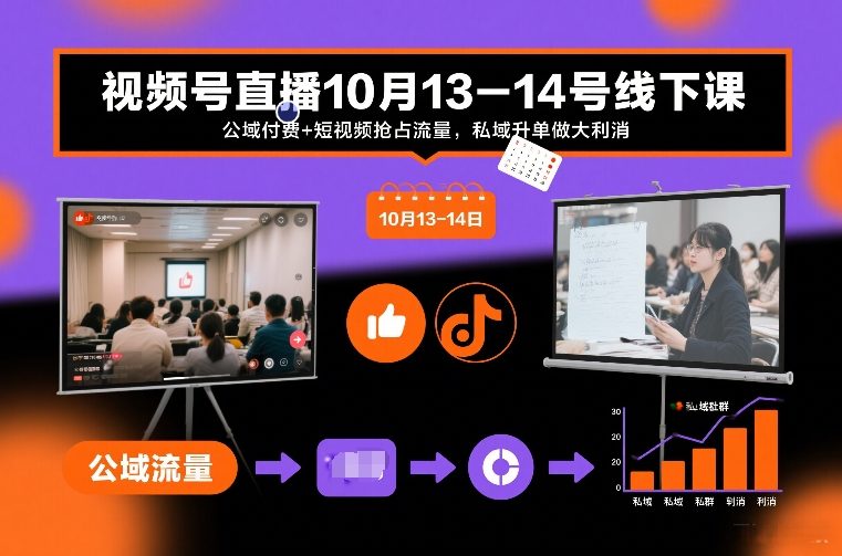 视频号直播10月13-14号线下课，公域付费+短视频抢占流量，私域升单做大利消-灵感工坊云网创