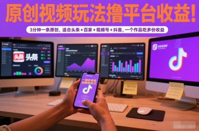 原创视频玩法撸平台收益，3分钟一条原创，适合头条+百家+视频号+抖音，一个作品吃多份收益-灵感工坊云网创