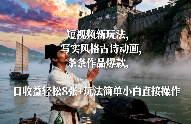 短视频新玩法，写实风格古诗动画，条条作品爆款，日收益轻松8张+玩法简单小白直接操作-灵感工坊云网创