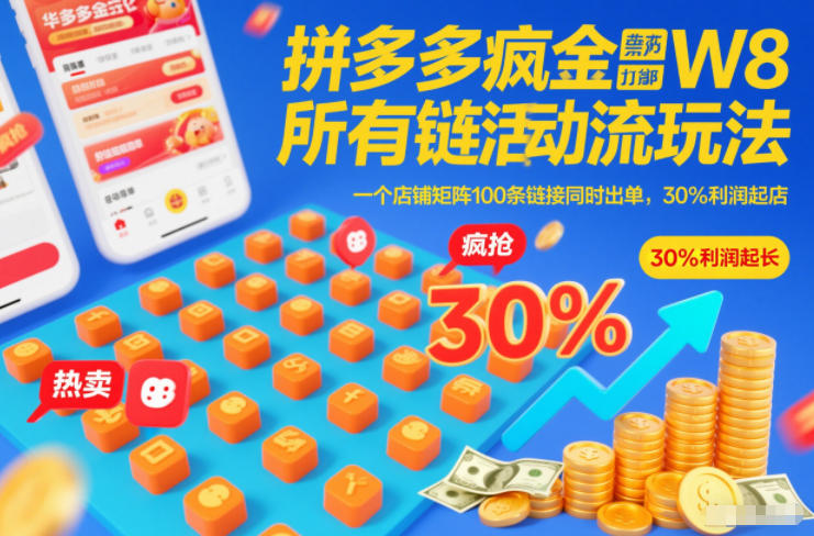 拼多多疯狂活动流玩法，所有链接全部打标，一个店铺矩阵100条链接同时出单，30%利润起店-灵感工坊云网创