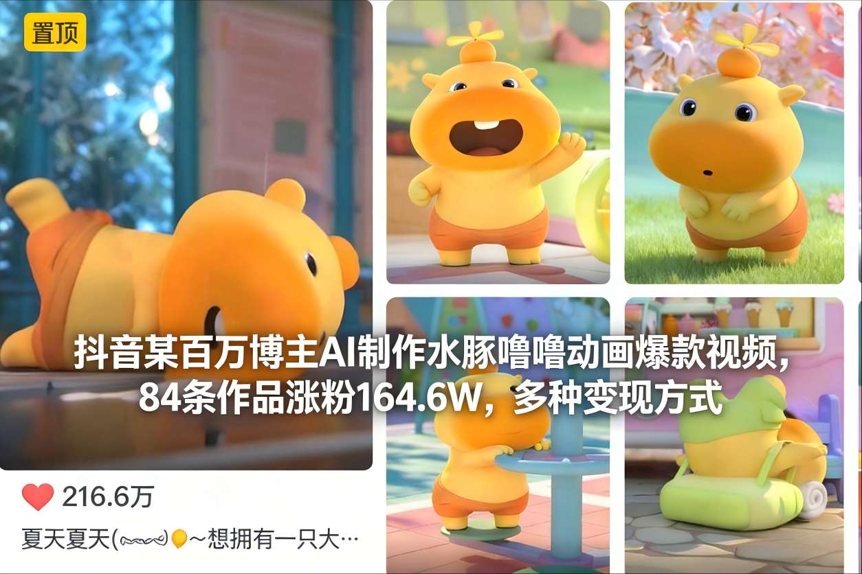 抖音某百万博主AI制作水豚噜噜动画爆款视频，84条作品涨粉164.6W，多种变现方式-灵感工坊云网创